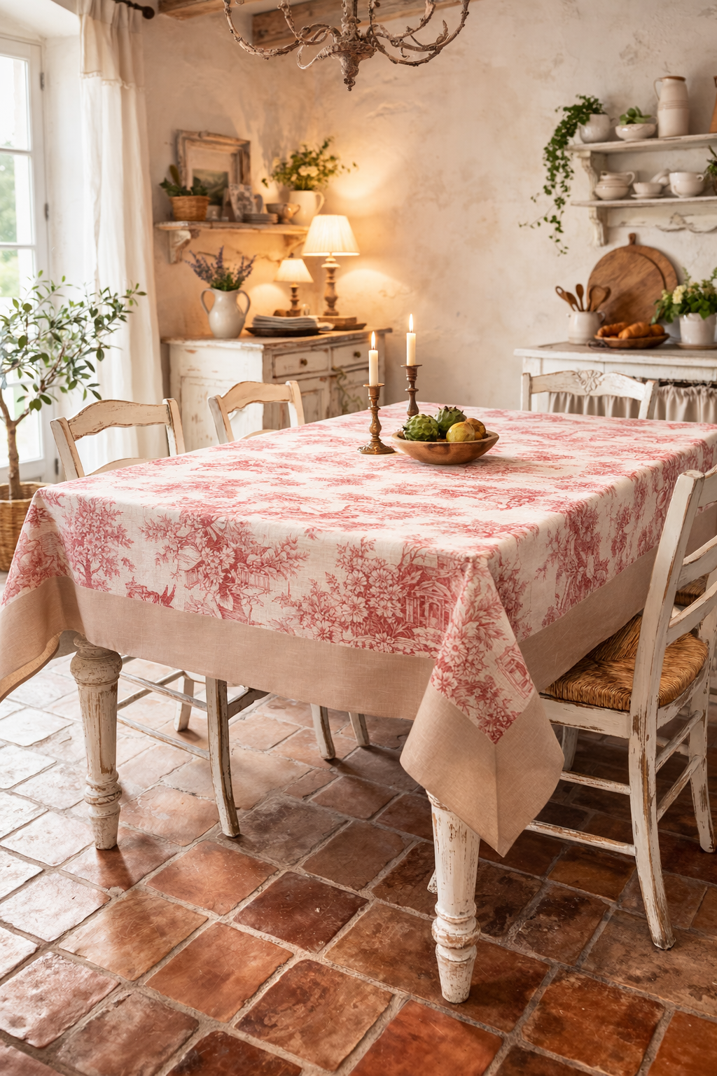 Tovaglia Toile De Jouy Rosa e Beige