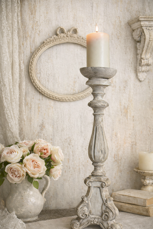 Candelabro Piede Decorato Con Patina Antica