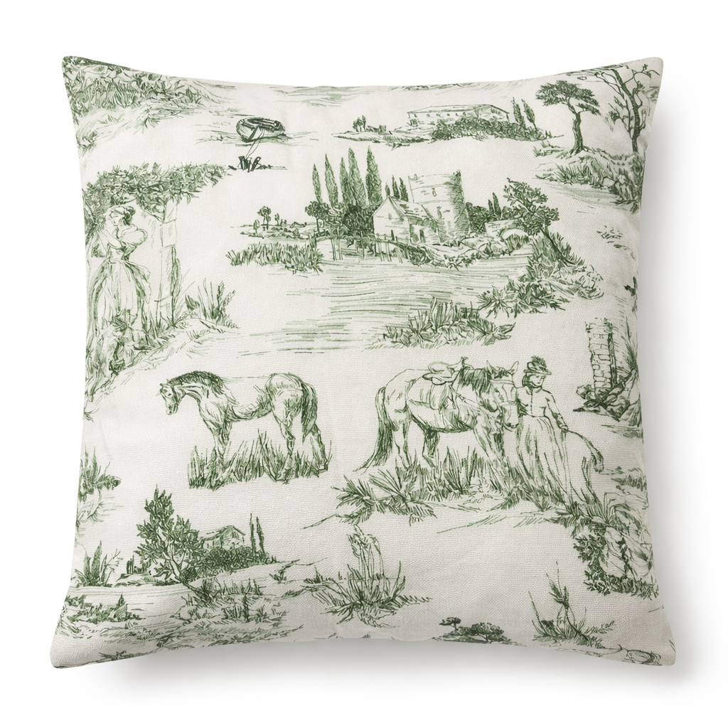 Cuscino In Toile De Jouy Bianco & Verde