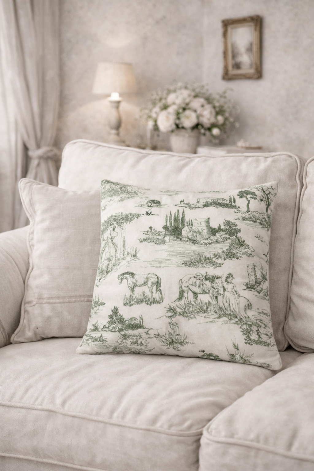 Cuscino In Toile De Jouy Bianco & Verde