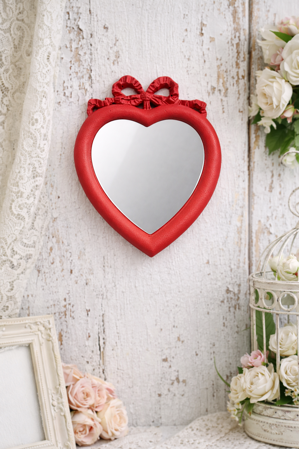 Cornice Con Specchio A Cuore Nodo D'Amore Rossa