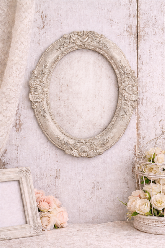 Cornice Ovale Con Decori Grigio Perla Anticata