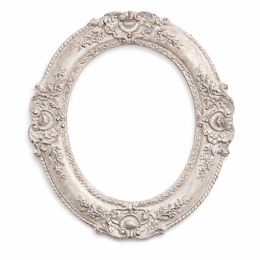 Cornice Ovale Con Decori Grigio Perla Anticata