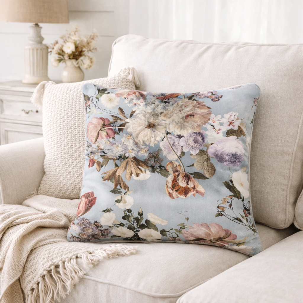 Cuscino Con Decorazione Floreale Azzurro