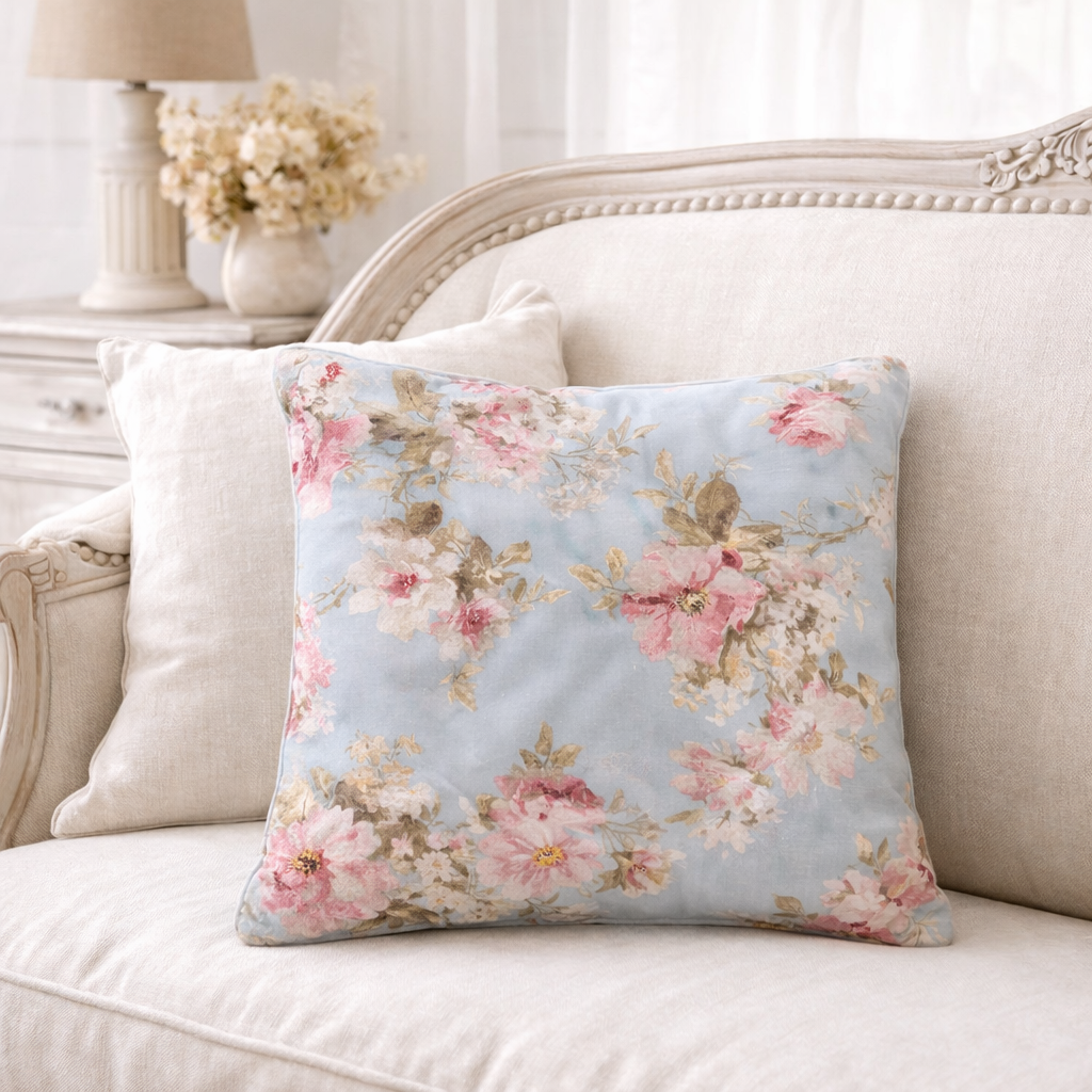 Cuscino Con Decorazione Floreale Azzurro & Rosa