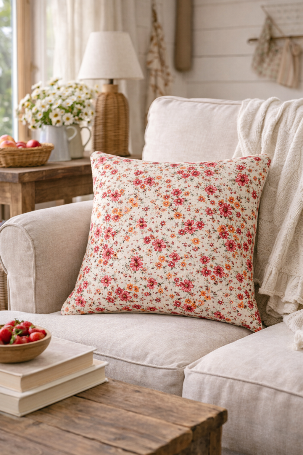 Cuscino Beige Con Fiori Arancio E Rosa