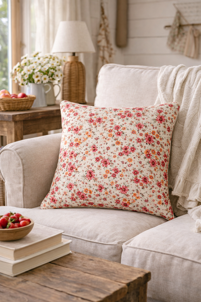 Cuscino Beige Con Fiori Arancio E Rosa