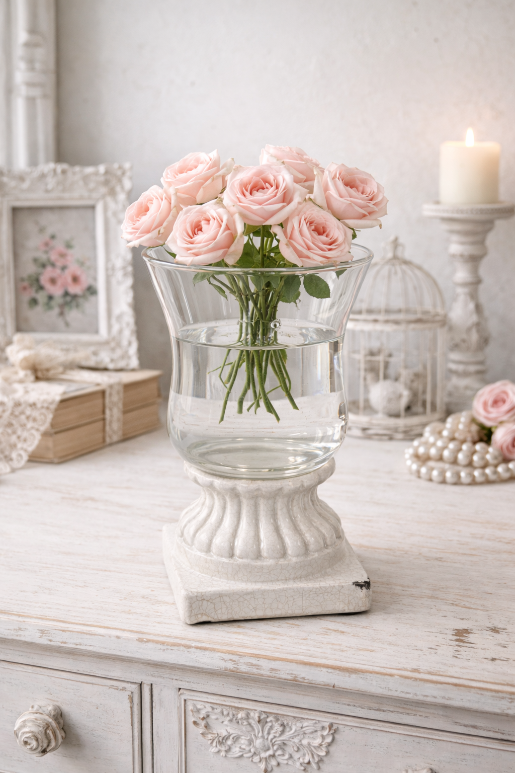 Vaso Vetro Con Piedistallo Ceramica