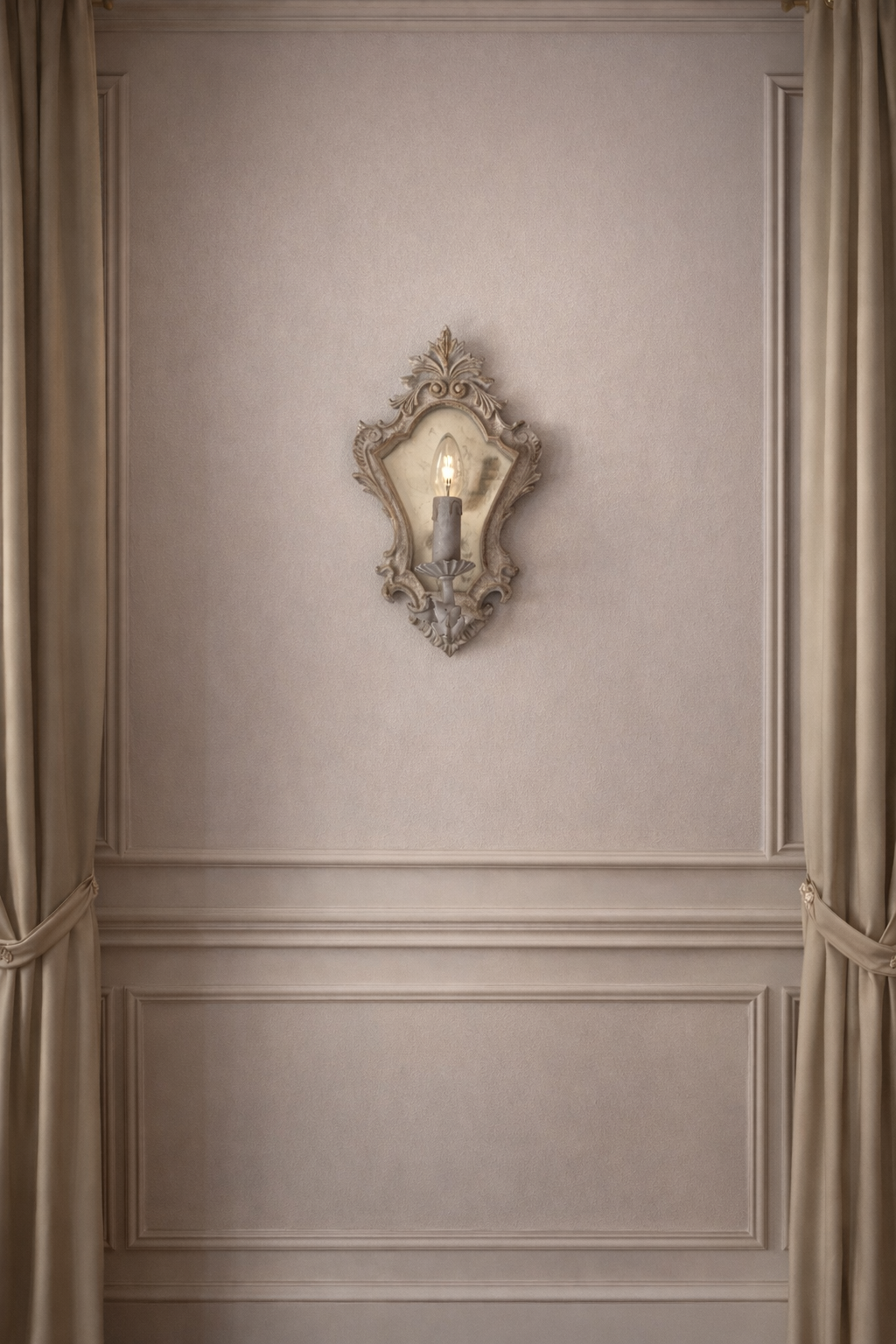 Applique In Legno con Specchio Grigio Patina Antica