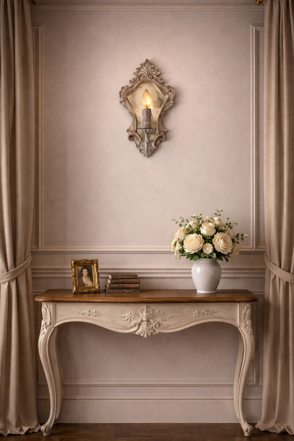 Applique In Legno con Specchio Grigio Patina Antica