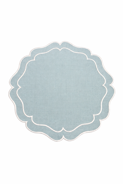 Tovaglietta Rotonda Lino Ricamata Azzurro/ Bianco