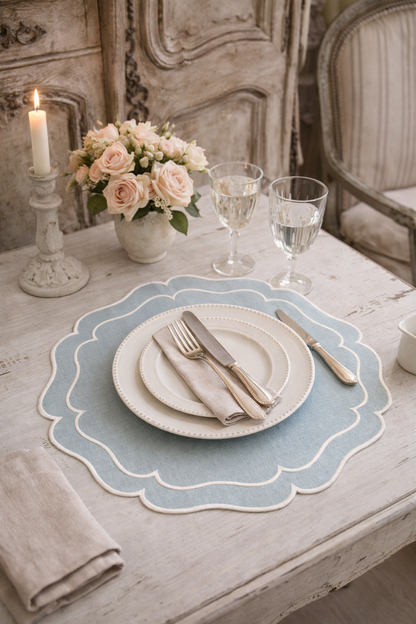 Tovaglietta Rotonda Lino Ricamata Azzurro/ Bianco
