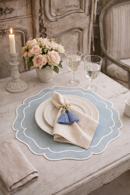 Tovaglietta Rotonda Lino Ricamata Azzurro/ Bianco