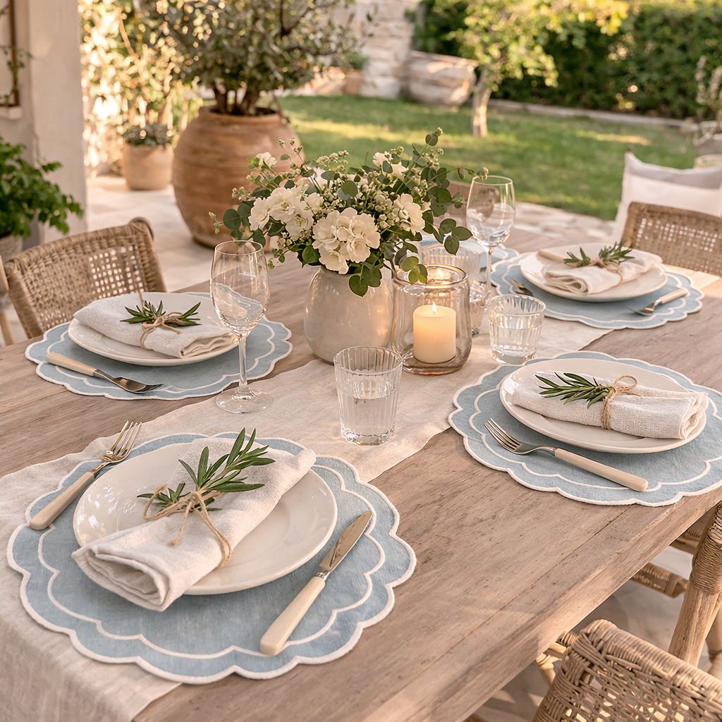 Tovaglietta Rotonda Lino Ricamata Azzurro/ Bianco