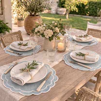Tovaglietta Rotonda Lino Ricamata Azzurro/ Bianco