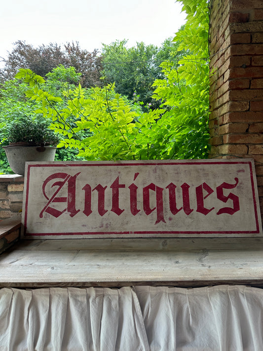 Insegna Scritta "ANTIQUES" Bianco Anticato E Rosso