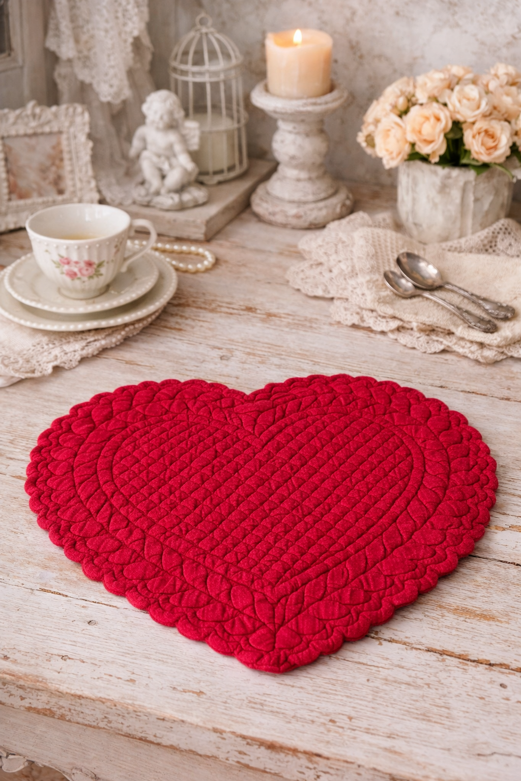 Tovaglietta Americana A Cuore In Boutis Rossa