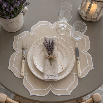 Tovaglietta Rotonda Con Punte Idrorepellente Beige/Bianco