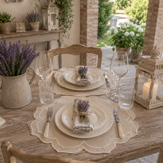 Tovaglietta Rotonda Con Punte Idrorepellente Beige/Bianco